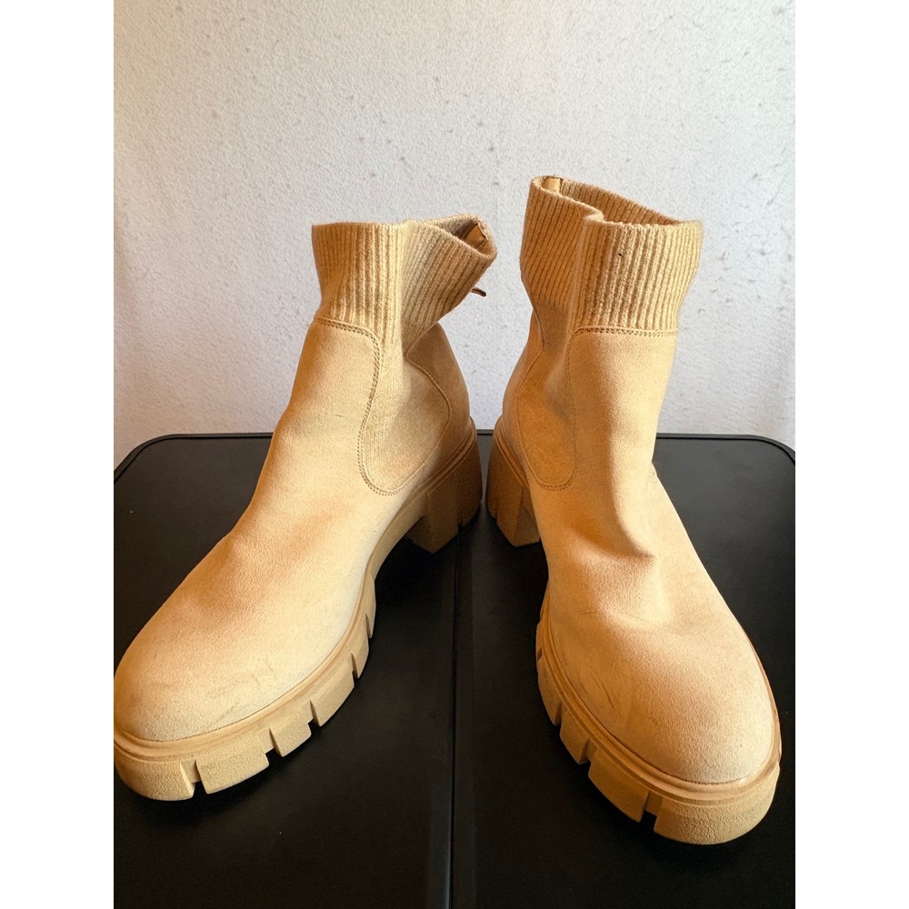 Torrid Womens Tan Faux Suede Lug Sole Sock Booties 10WW Block Heel Wide Width